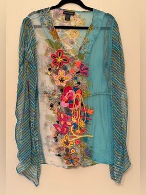 Boston Proper floral embroidered mesh tunic in vibrant colors